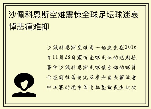沙佩科恩斯空难震惊全球足坛球迷哀悼悲痛难抑